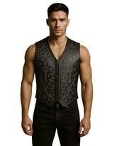 man wearing edgy biker style black studded faux leather vest with embroidered gothic scroll and cross details