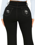 Black Gothic Skull Flare Jeans for Women
