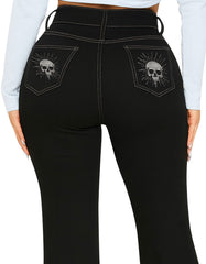Black Gothic Skull Flare Jeans for Women