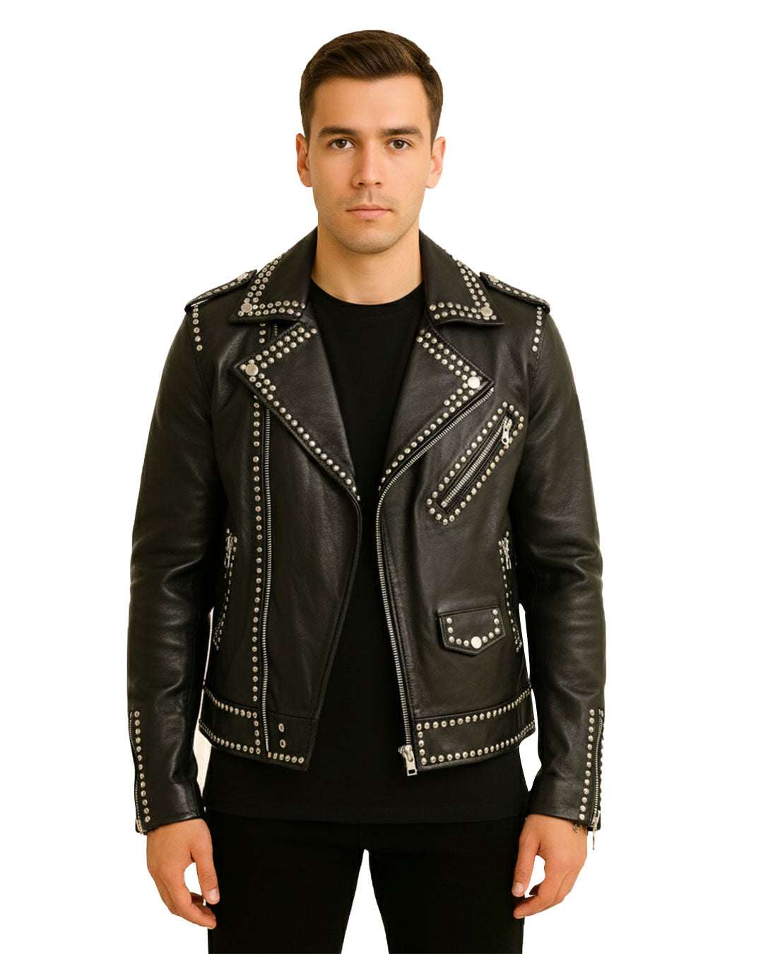 Man wearing black Silver Studded Moto Jacket with silver studs and asymmetrical zipper