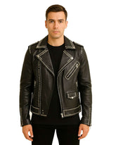 Man wearing black Silver Studded Moto Jacket with silver studs and asymmetrical zipper