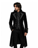 Men’s Victorian gothic black velvet coat with embroidered lapels, decorative buttons, high collar, and long tailcoat silhouette, front view