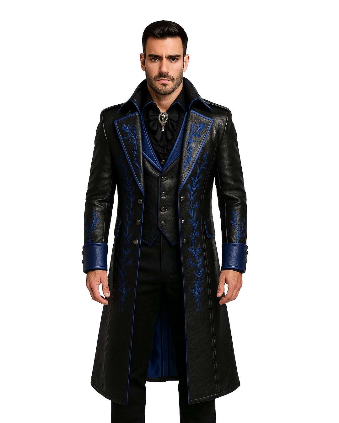 Men black and blue gothic leather trench coat with embroidered design and tailored fit