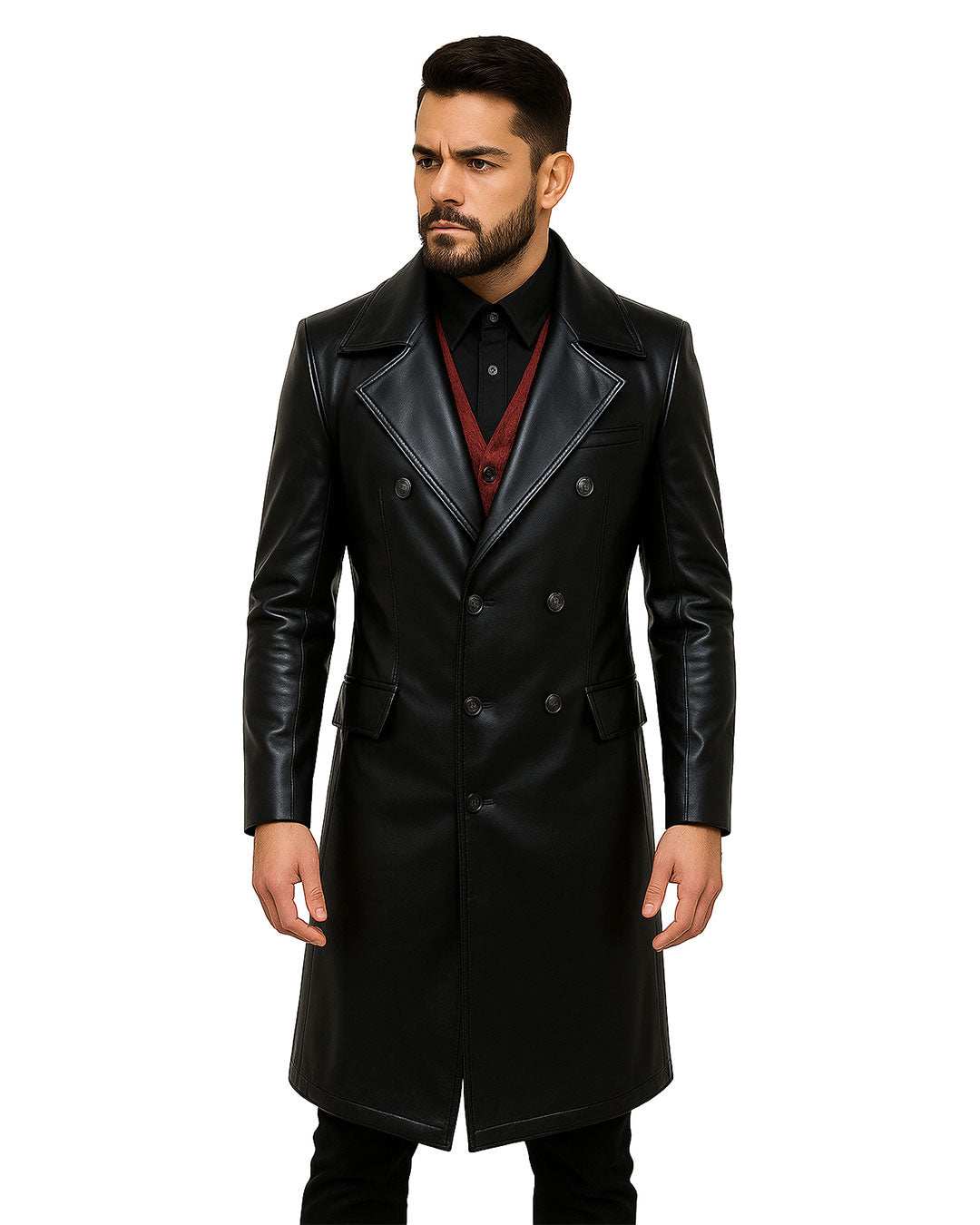 men's black gothic fashion leather trench coat with double-breasted buttons and tailored fit