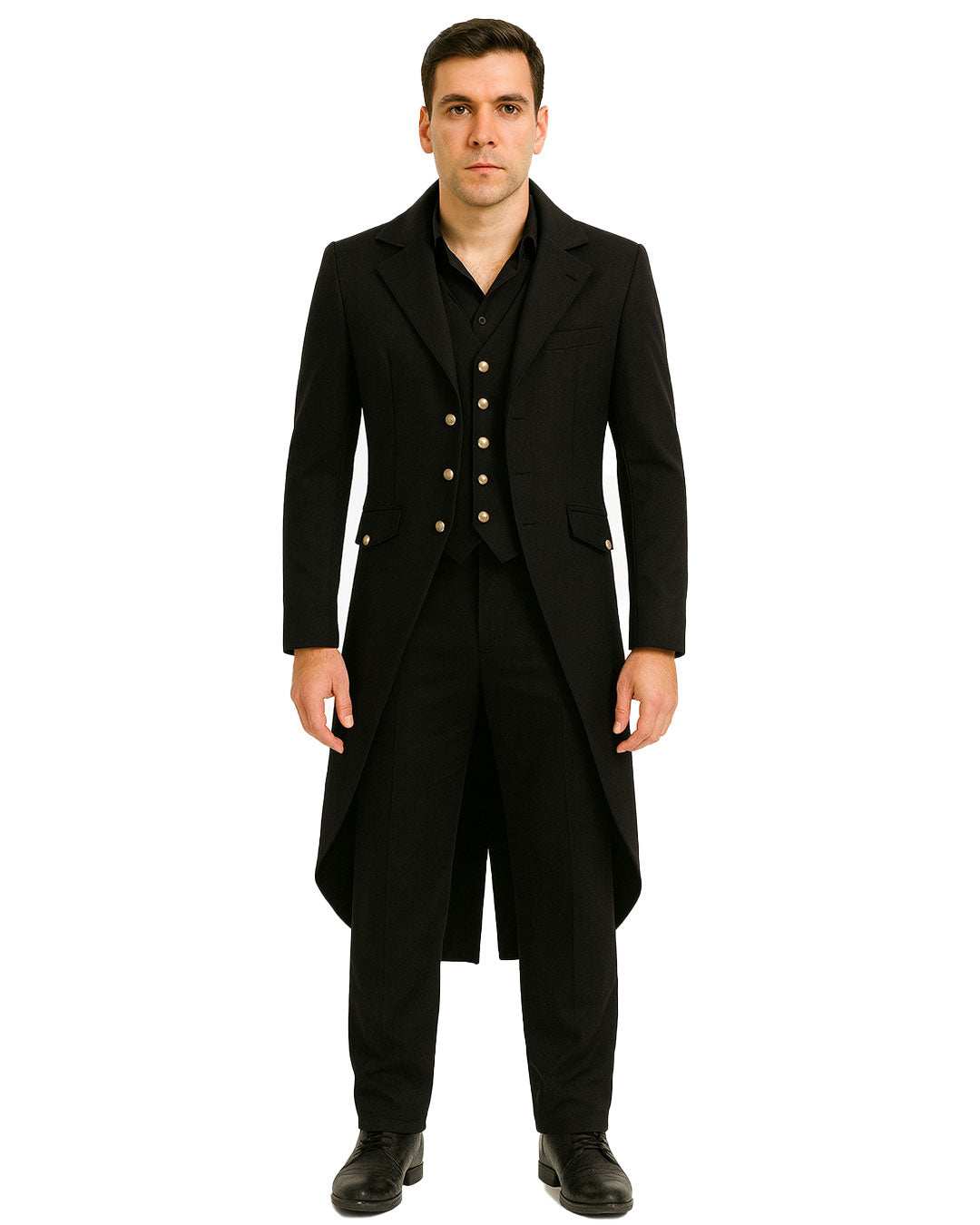 Gothic Victorian men's tailcoat in black wool blend with ornate buttons and tailored fit