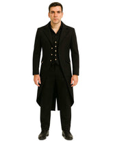 Gothic Victorian men's tailcoat in black wool blend with ornate buttons and tailored fit