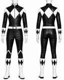 Black and white power ranger-style bodysuit and matching pants shown on a mannequin from the front and back, with white boots featuring black diamond patterns.