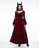 Crimson Horn Gothic Devil Halloween Costume Dress front view in red velvet with black lace
