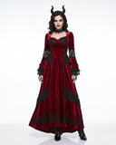 Crimson Horn Gothic Devil Halloween Costume Dress front view in red velvet with black lace
