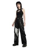 Black cargo pants women front view featuring black wide leg pants with utility pockets, detachable chain, adjustable straps, and embroidered graphic detail.