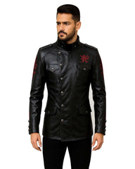 Men's black faux leather military-style jacket with red dragon embroidery on chest and sleeves