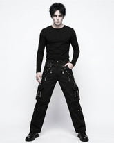 Men's black gothic cargo pants with spider web design, silver accents and utility pockets, front view