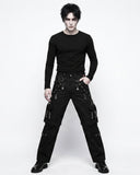 Men's black gothic cargo pants with spider web design, silver accents and utility pockets, front view