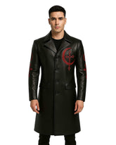 Men’s Gothic Vampire Leather Coat in black with red crescent and cross embroidery, long silhouette, and premium faux leather finish.