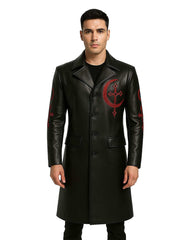 Men’s Gothic Vampire Leather Coat in black with red crescent and cross embroidery, long silhouette, and premium faux leather finish.