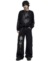 Gothic cargo pants men black skull print wide leg jeans, front view
