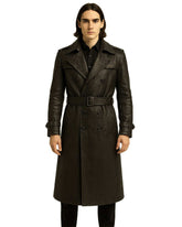Black Gothic Cross Leather Trench Coat with double-breasted design and belted waist by TRIPPPRS