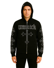 Unisex Gothic Rhinestone Cross Black Hoodie