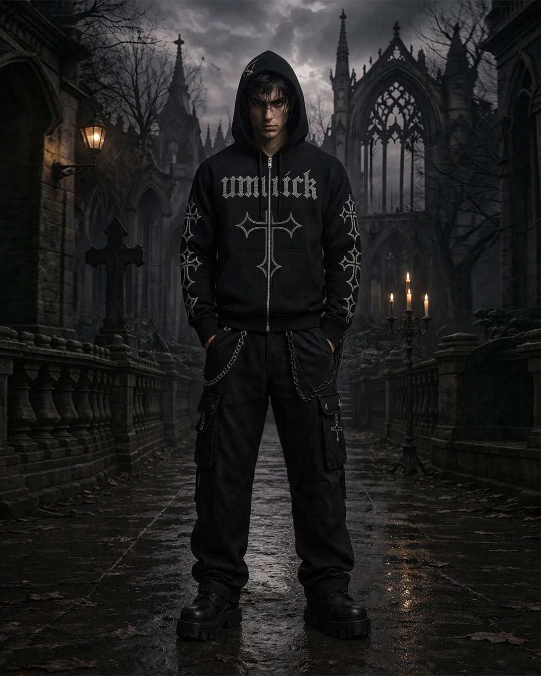 Black unisex hoodie with gothic rhinestone cross and spider-web hood detailing