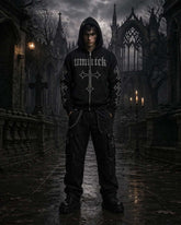 Black hoodie with Gothic rhinestone cross design and spider-web hood detailing