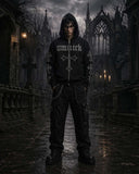 Black unisex hoodie with gothic rhinestone cross and spider-web hood detailing