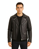 Black Studded Cowhide Motorcycle Jacket