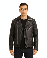 Black Studded Cowhide Motorcycle Jacket