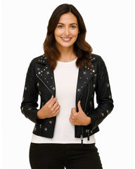 Woman wearing black leather star studded cropped jacket with silver star accents