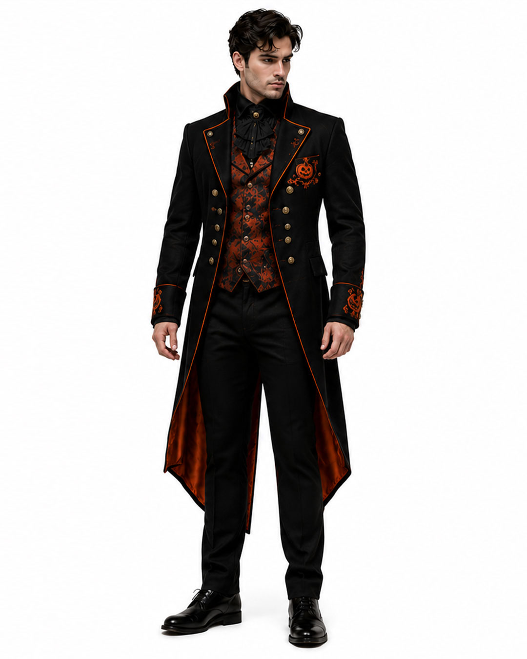 Men's Pumpkin Duke Halloween trench coat with gothic Victorian tailcoat design and pumpkin embroidery
