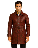 Men's maroon leather trench coat with belted waist and button-front closure, featuring zippered pockets and adjustable cuffs.
