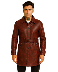Men's maroon leather trench coat with belted waist and button-front closure, featuring zippered pockets and adjustable cuffs.