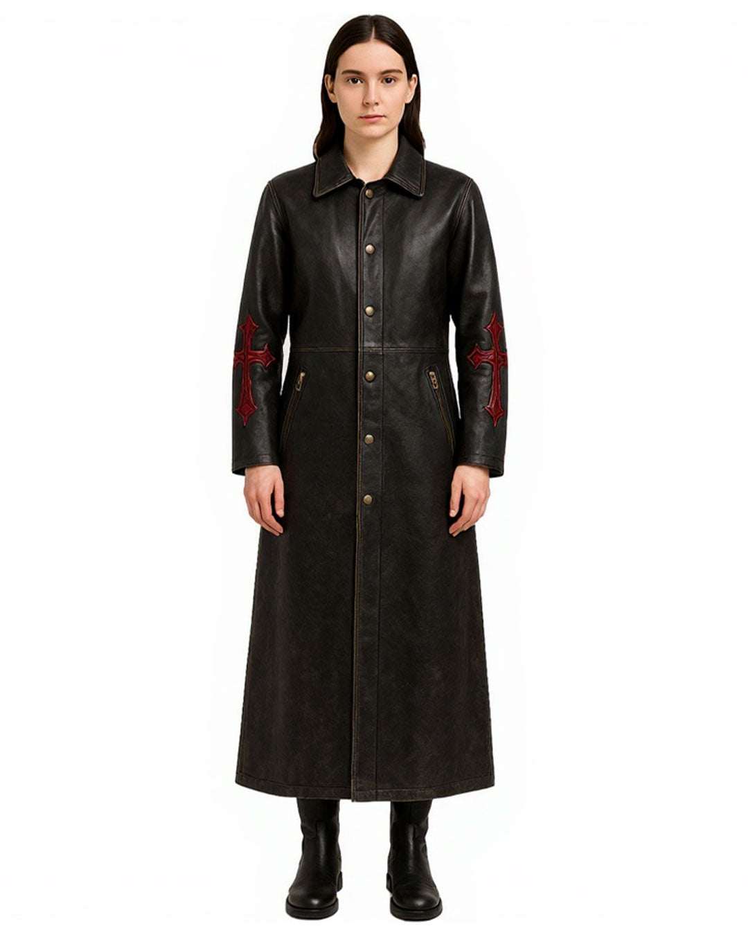 Black leather gothic trench coat with red cross embroidery on sleeves, button-down front, and full-length silhouette