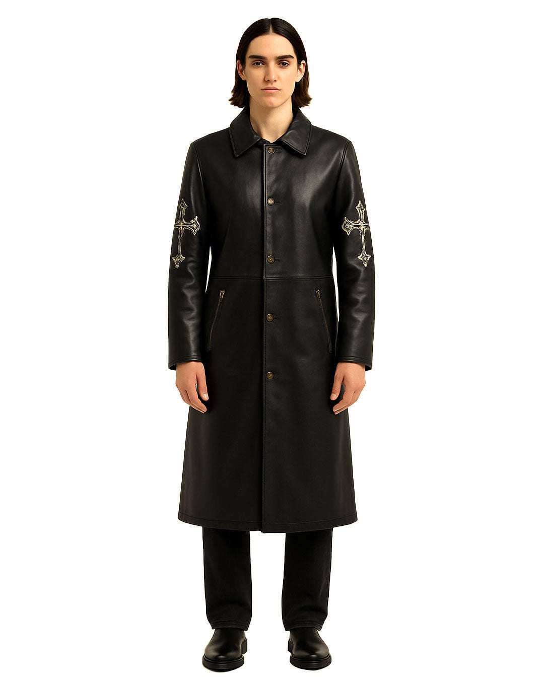 Black Gothic Cross long leather coat with silver cross embroidery on sleeves, button closure, and zippered pockets.
