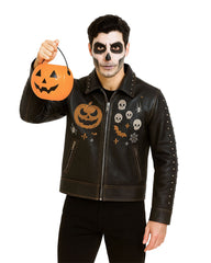 Halloween Pumpkin Studded Leather Jacket – Spooky Skull & Bat Design