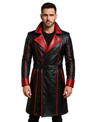 Men’s black leather trench coat with red accents, belted waist, double-breasted front, and gothic style details worn by male model