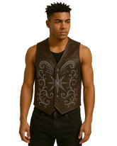 Brown star studded leather vest with gothic western design on male model
