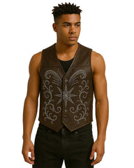 Brown star studded leather vest with gothic western design on male model