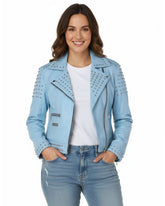 Punk Women's Studded Leather Jacket - Sky Blue