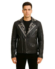 Man wearing black leather jacket with gold and silver studs on collar and shoulders