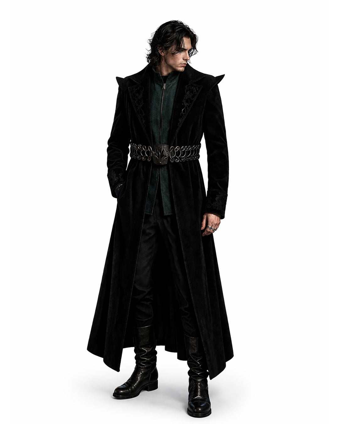 Black velvet jacquard Punk Rave men's spiked leather jacket with silver studs and asymmetrical zipper