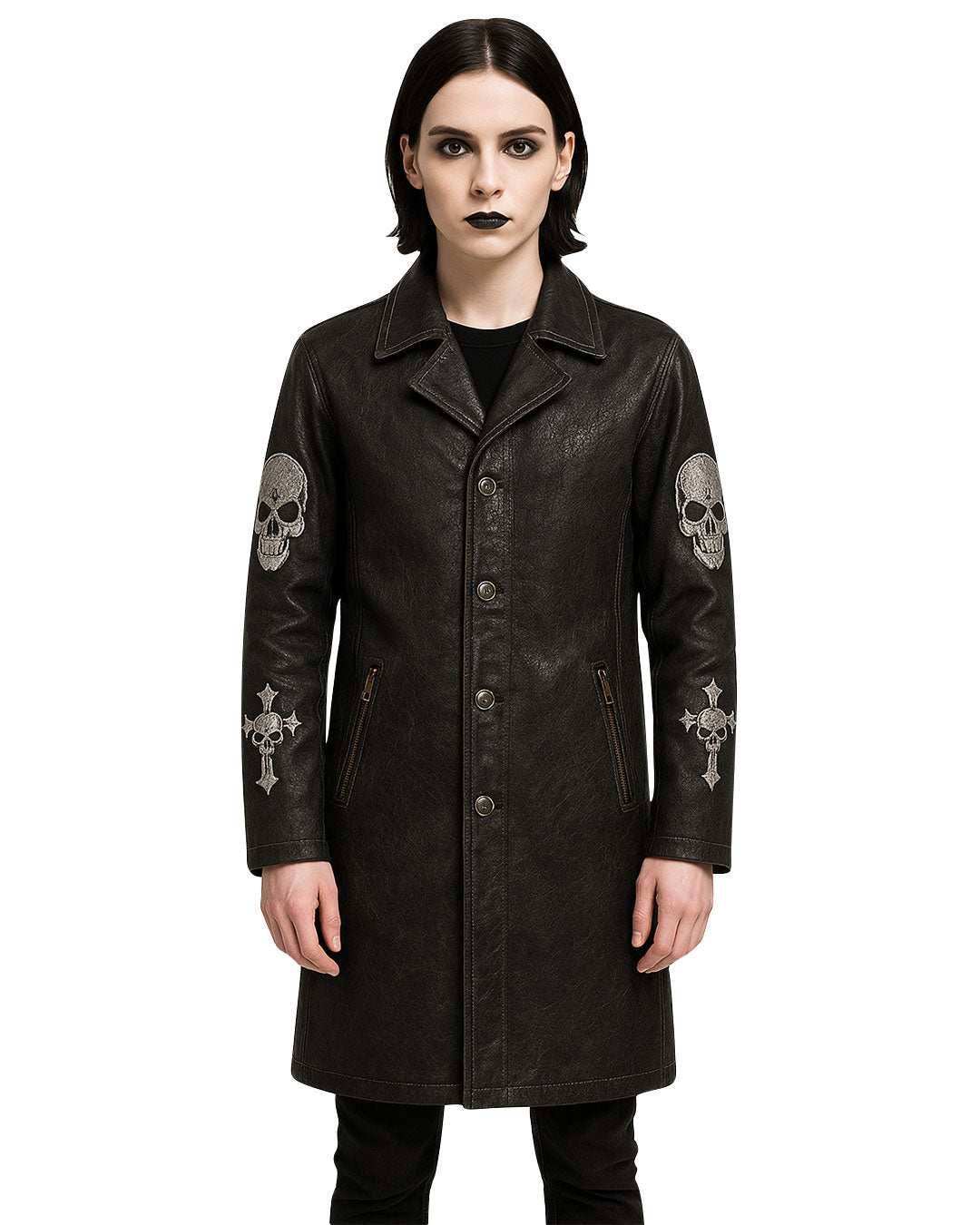 Unisex black leather coat with gothic skull cross embroidery on sleeves, button-down front, and zippered pockets.