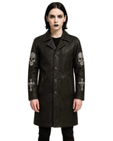 Gothic Skull Cross Embroidered Black Leather Coat