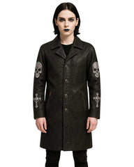 Gothic Skull Cross Embroidered Black Leather Coat