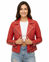 Women’s Cropped Red Studded Leather Jacket