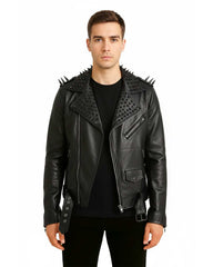 Men wearing black spiked studded leather jacket with asymmetrical zipper and biker style