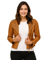 Women’s Brown Studded Biker Leather Jacket