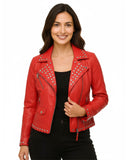 Jessica Studded Biker Red Leather Jacket