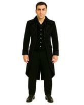 Man wearing black Gothic Steampunk Coat with tailcoat design and intricate detailing.