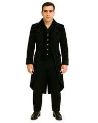 Man wearing black Gothic Steampunk Coat with tailcoat design and intricate detailing.