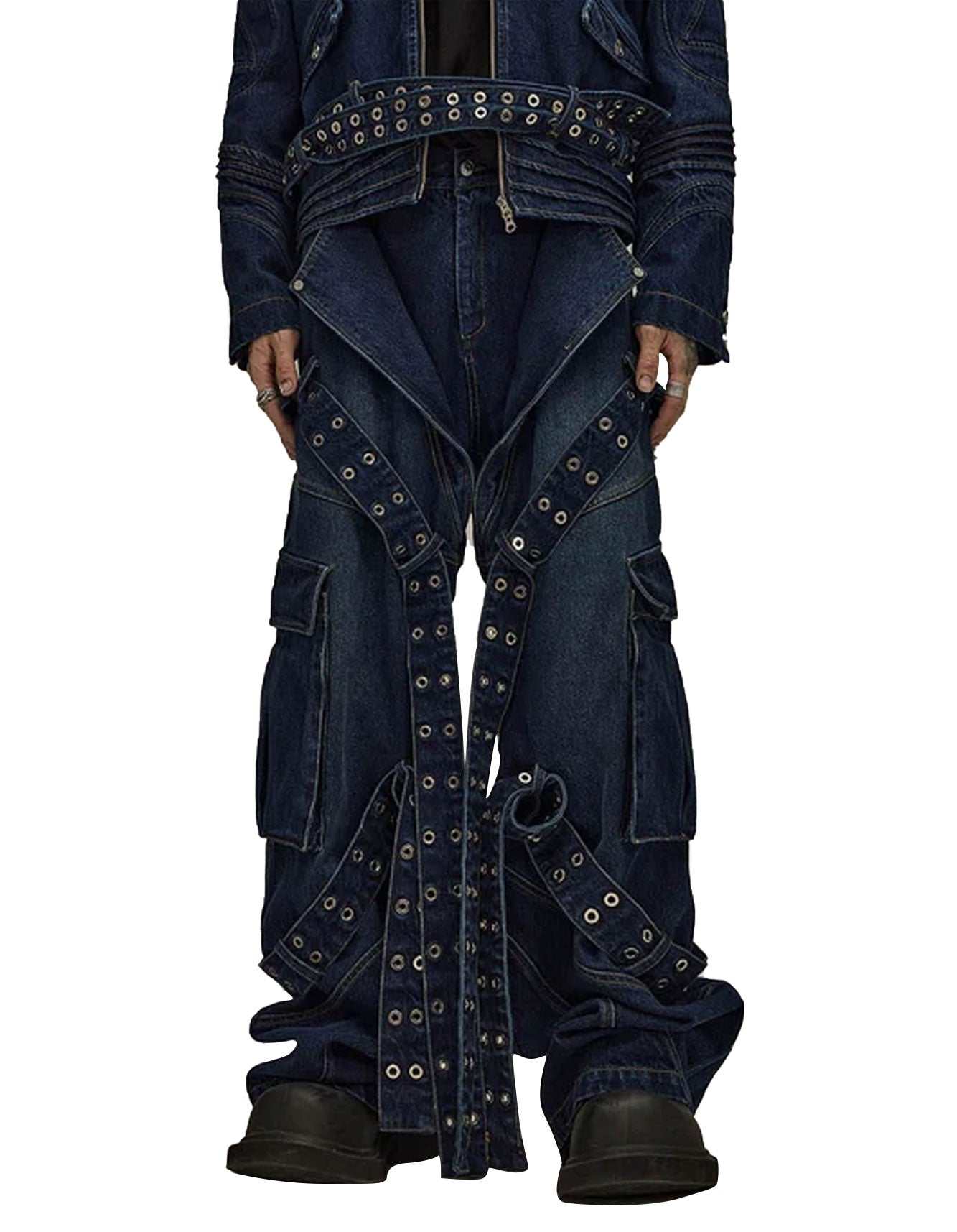 Men's Grommet-Strap Cargo Jeans with edgy grommet details and utility pockets for streetwear and gothic style